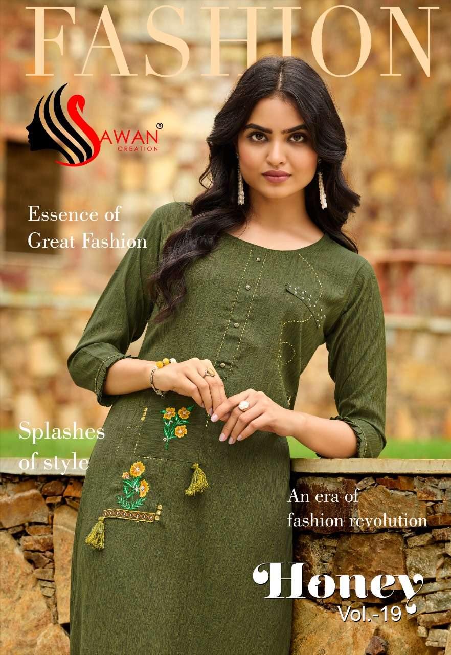 HONEY VOL-19 BY SAWAN CREATION 1901 TO 1912 SERIES DESIGNER STYLISH FANCY COLORFUL BEAUTIFUL PARTY WEAR & ETHNIC WEAR COLLECTION RAYON EMBROIDERY KURTIS AT WHOLESALE PRICE