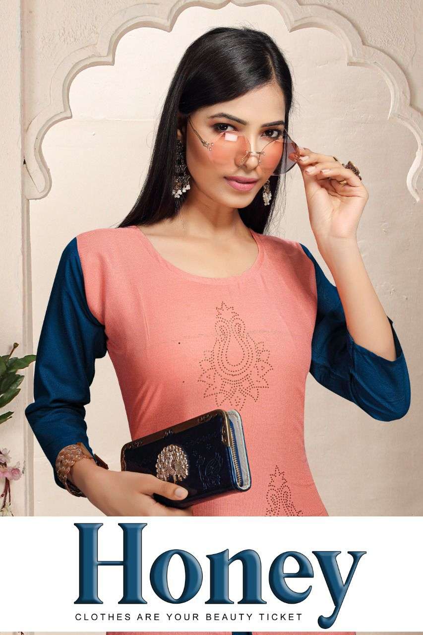 HONEY BY TRENDY 7423-A TO 7423-F SERIES DESIGNER STYLISH FANCY COLORFUL BEAUTIFUL PARTY WEAR & ETHNIC WEAR COLLECTION RAYON KURTIS AT WHOLESALE PRICE