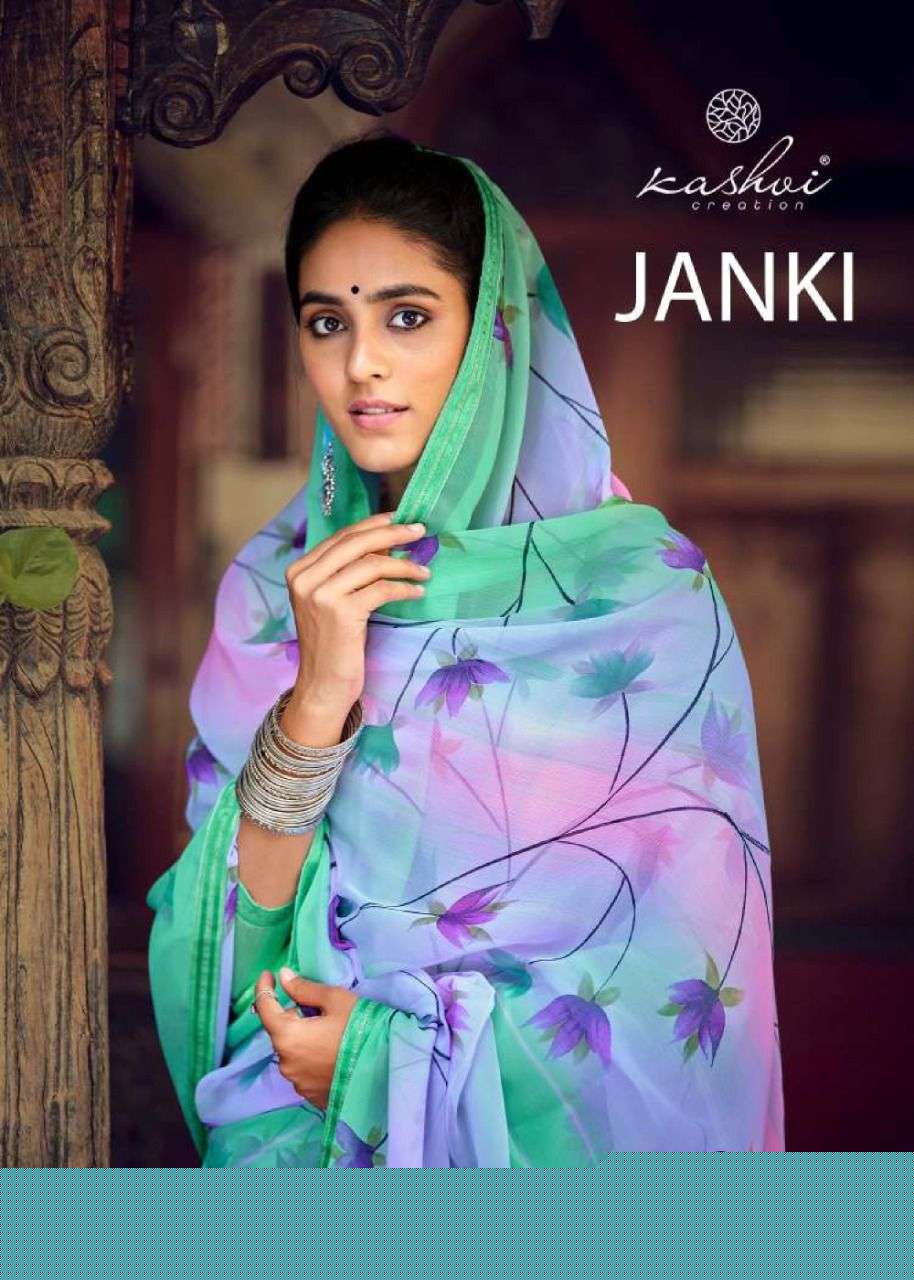 JANKI BY KASHVI CREATION 98001 TO 98010 SERIES INDIAN TRADITIONAL WEAR COLLECTION BEAUTIFUL STYLISH FANCY COLORFUL PARTY WEAR & OCCASIONAL WEAR CHIFFON SAREES AT WHOLESALE PRICE