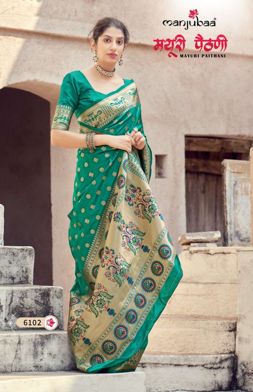 MAYURI PAITHANI BY MANJUBAA CLOTHING 6101 TO 6108 SERIES INDIAN TRADITIONAL WEAR COLLECTION BEAUTIFUL STYLISH FANCY COLORFUL PARTY WEAR & OCCASIONAL WEAR PAITHANI SILK SAREES AT WHOLESALE PRICE