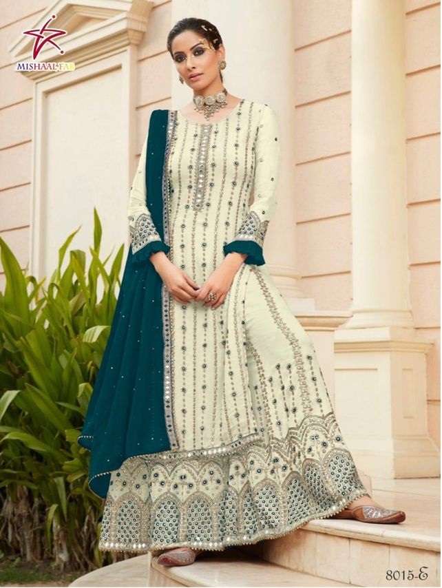 MISHAAL HIT DESIGN BY MISHAAL FAB 8015-A TO 8015-F SERIES DESIGNER WEDDING COLLECTION BEAUTIFUL FANCY COLORFUL OCCASIONAL WEAR & PARTY WEAR HEAVY GEORGETTE EMBROIDERY DRESSES AT WHOLESALE PRICE