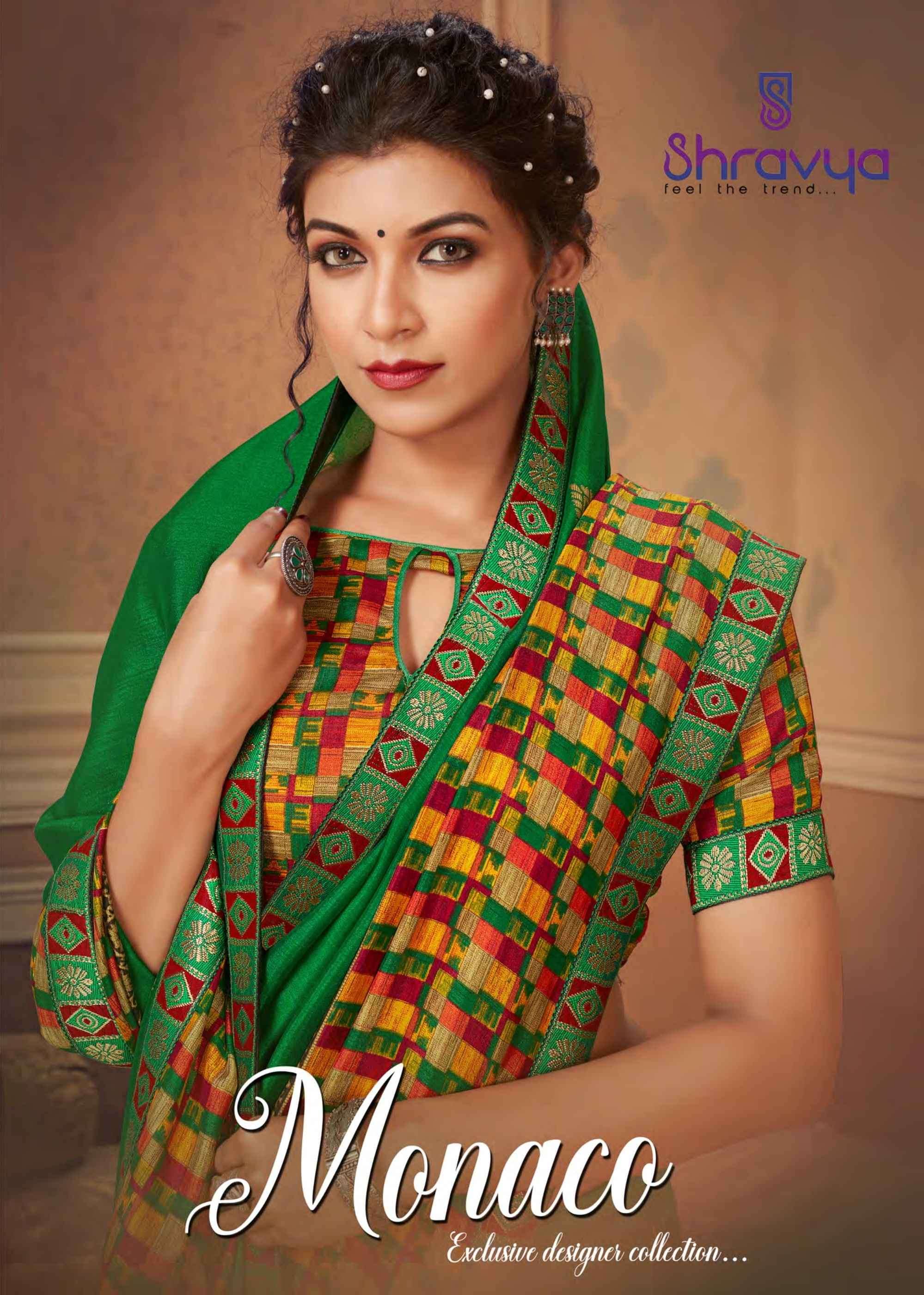 MONACO BY SHRAVYA FASHION 1001 TO 1008 SERIES INDIAN TRADITIONAL WEAR COLLECTION BEAUTIFUL STYLISH FANCY COLORFUL PARTY WEAR & OCCASIONAL WEAR VICHITRA SILK SAREES AT WHOLESALE PRICE