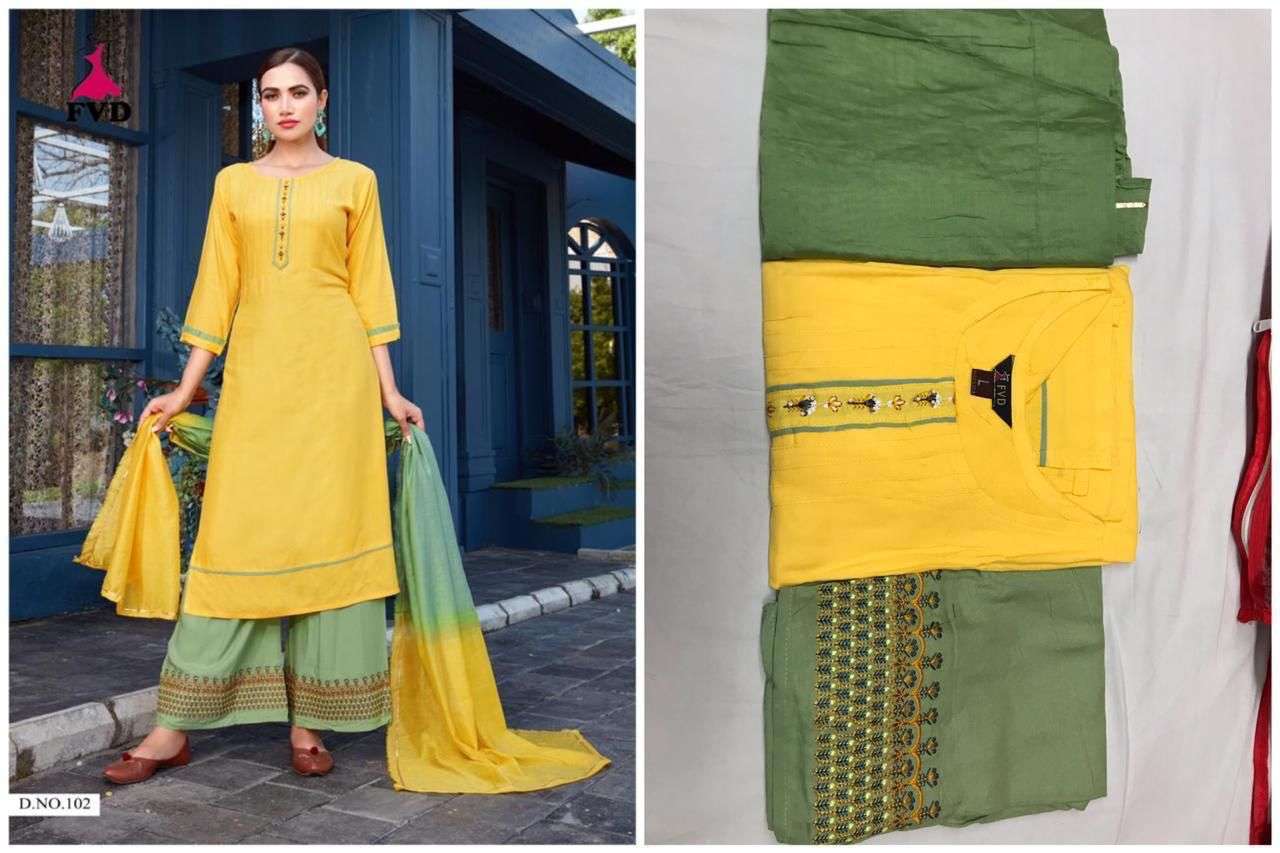 TANO HARI VOL-1 NX BY FVD BEAUTIFUL PATIYALA SUITS COLORFUL STYLISH FANCY CASUAL WEAR & ETHNIC WEAR RAYON EMBROIDERED DRESSES AT WHOLESALE PRICE