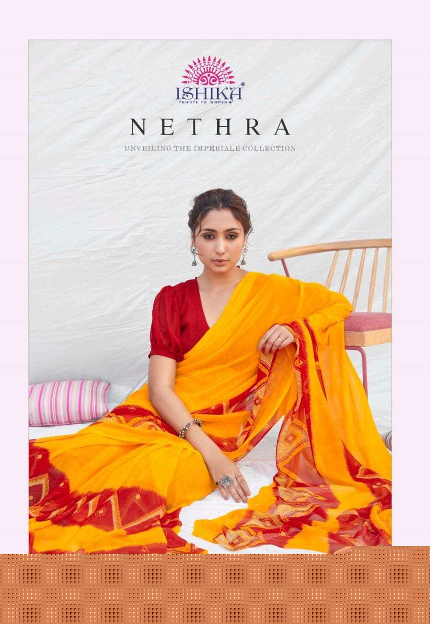 NETHRA BY ISHIKA FASHION 4141 TO 4148 SERIES INDIAN TRADITIONAL WEAR COLLECTION BEAUTIFUL STYLISH FANCY COLORFUL PARTY WEAR & OCCASIONAL WEAR WEIGHTLESS PRINT SAREES AT WHOLESALE PRICE