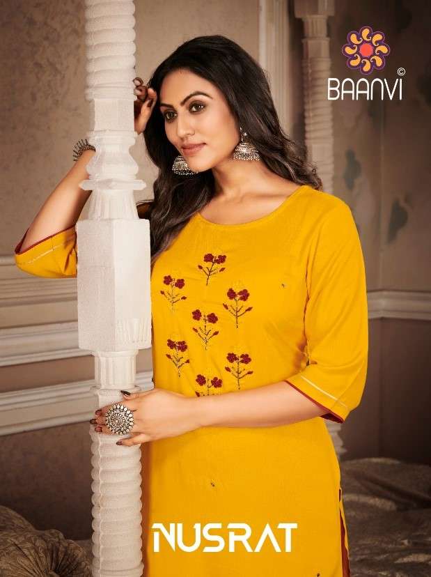 NUSRAT BY BAANVI 101 TO 104 SERIES DESIGNER STYLISH FANCY COLORFUL BEAUTIFUL PARTY WEAR & ETHNIC WEAR COLLECTION RAYON SLUB WITH WORK KURTIS WITH BOTTOM AT WHOLESALE PRICE