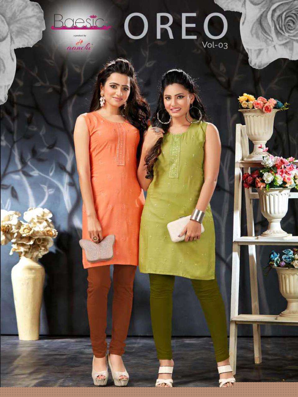 OREO VOL-3 BY BAESIC 301 TO 306 SERIES DESIGNER STYLISH FANCY COLORFUL BEAUTIFUL PARTY WEAR & ETHNIC WEAR COLLECTION RAYON SLUB KURTIS AT WHOLESALE PRICE