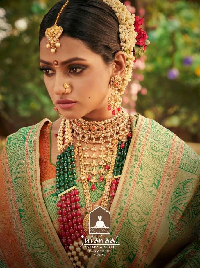 PADMAKSHI VOL-3 BY JULAHAA A TO E SERIES INDIAN TRADITIONAL WEAR COLLECTION BEAUTIFUL STYLISH FANCY COLORFUL PARTY WEAR & OCCASIONAL WEAR SILK SAREES AT WHOLESALE PRICE