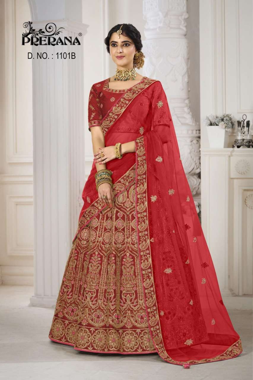 PRERANA 1101 SERIES BY PRERANA DESIGNER BEAUTIFUL NAVRATRI COLLECTION OCCASIONAL WEAR & PARTY WEAR SILK LEHENGAS AT WHOLESALE PRICE