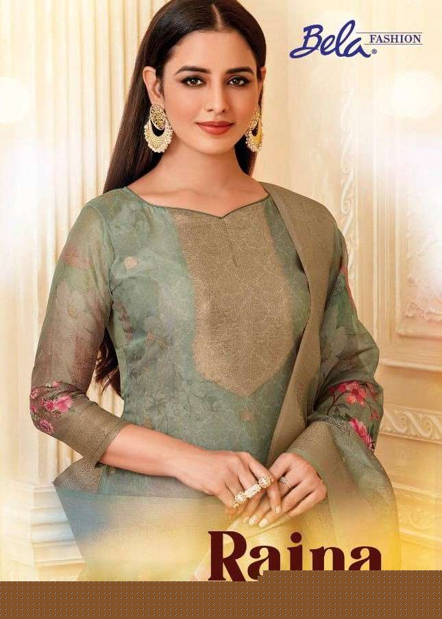 RAINA BY BELA FASHION 2079 TO 2086 SERIES BEAUTIFUL SUITS COLORFUL STYLISH FANCY CASUAL WEAR & ETHNIC WEAR ORGANZA JACQUARD PRINT DRESSES AT WHOLESALE PRICE