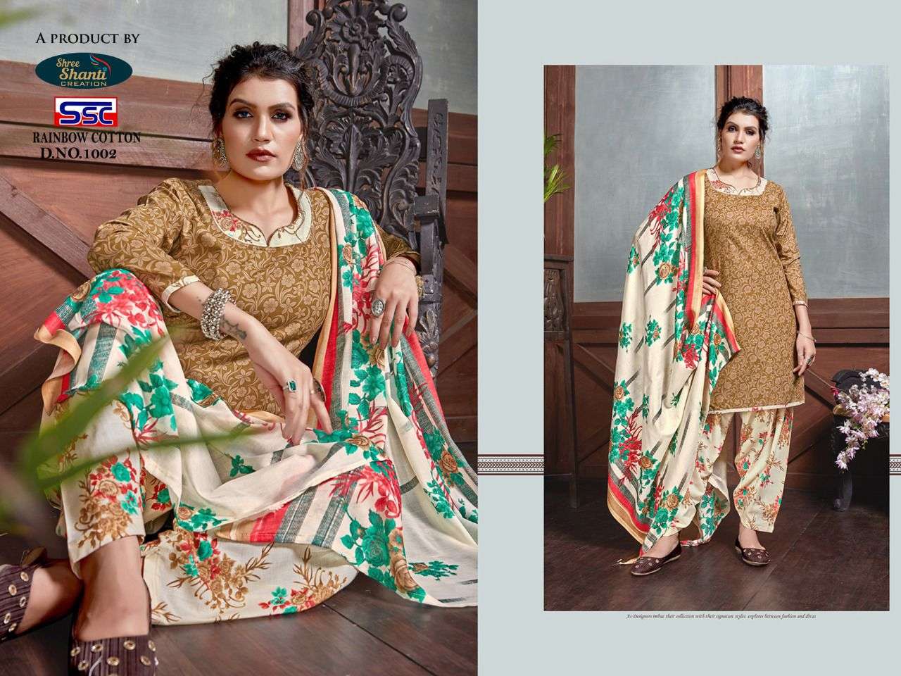 RAINBOW COTTON BY SHREE SHANTI CREAYION 1001 TO 1010 SERIES BEAUTIFUL STYLISH SHARARA SUITS FANCY COLORFUL CASUAL WEAR & ETHNIC WEAR & READY TO WEAR HEAVY COTTON PRINTED DRESSES AT WHOLESALE PRICE