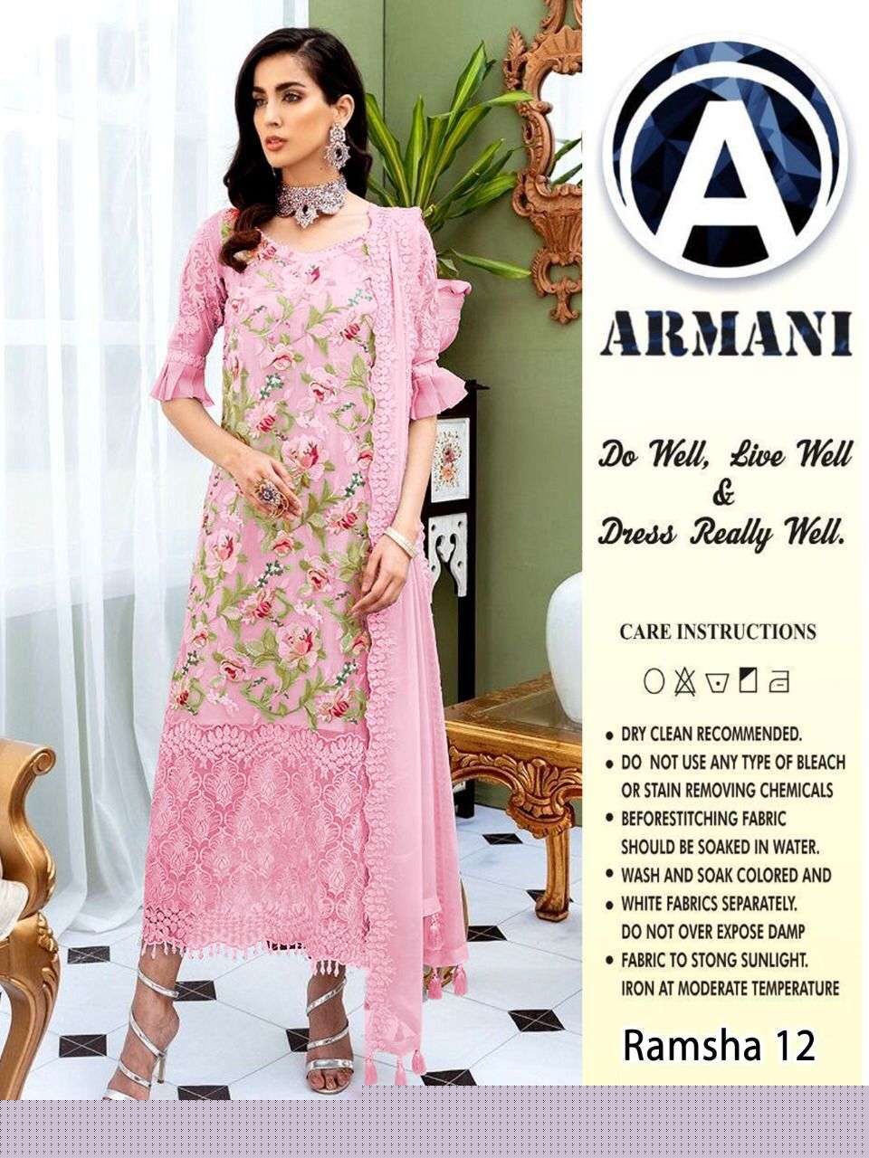 RAMSHA 12 COLOURS BY ARMANI 12-A TO 12-B SERIES PAKISTANI SUITS BEAUTIFUL FANCY COLORFUL STYLISH PARTY WEAR & OCCASIONAL WEAR BUTTERFLY NET WITH EMBROIDERY DRESSES AT WHOLESALE PRICE