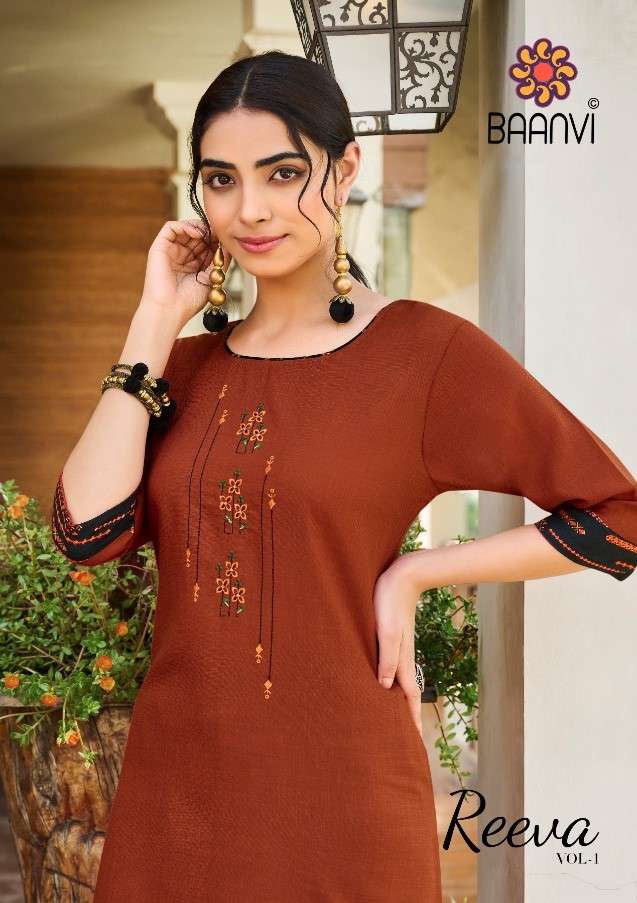 REEVA BY BAANVI 101 TO 108 SERIES DESIGNER STYLISH FANCY COLORFUL BEAUTIFUL PARTY WEAR & ETHNIC WEAR COLLECTION COTTON EMBROIDERED KURTIS WITH BOTTOM AT WHOLESALE PRICE