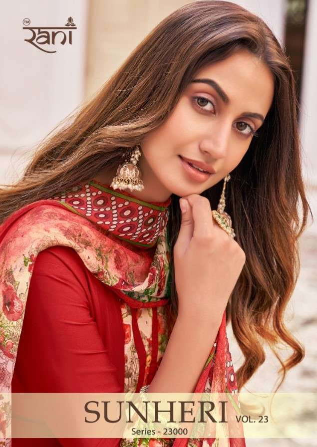 SUNHERI VOL-23 BY RANI FASHION 23001 TO 23016 SERIES BEAUTIFUL STYLISH SUITS FANCY COLORFUL CASUAL WEAR & ETHNIC WEAR & READY TO WEAR HEAVY AMERICAN CREPE PRINTED DRESSES AT WHOLESALE PRICE