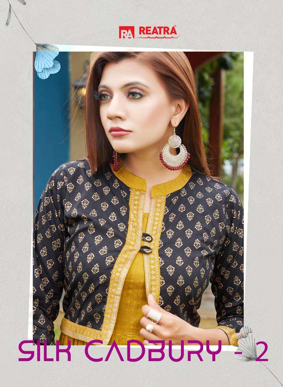 SILK CADBURY VOL-2 BY REATRA 01 TO 06 SERIES DESIGNER STYLISH FANCY COLORFUL BEAUTIFUL PARTY WEAR & ETHNIC WEAR COLLECTION SILK KURTIS WITH JACKET AT WHOLESALE PRICE