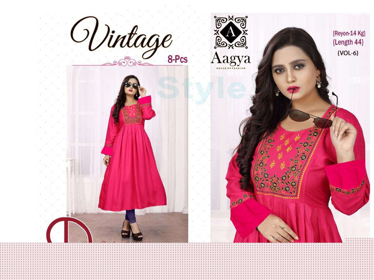 VINTAGE VOL-6 BY AAGYA 001 TO 008 SERIES DESIGNER STYLISH FANCY COLORFUL BEAUTIFUL PARTY WEAR & ETHNIC WEAR COLLECTION RAYON EMBROIDERY KURTIS AT WHOLESALE PRICE