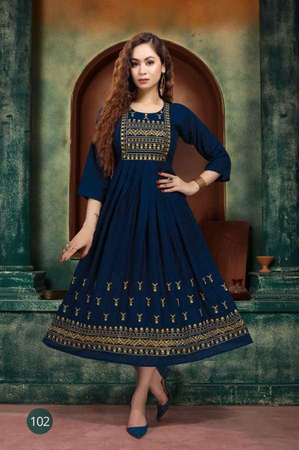 ZARINA BY RAZZO EXPORTS 101 TO 108 SERIES DESIGNER STYLISH FANCY COLORFUL BEAUTIFUL PARTY WEAR & ETHNIC WEAR COLLECTION RAYON EMBROIDERY KURTIS AT WHOLESALE PRICE