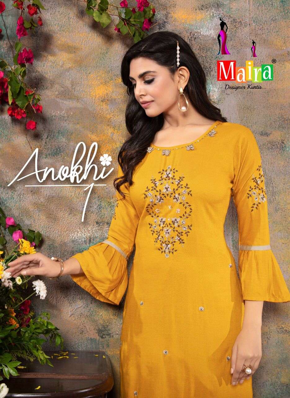 ANOKHI BY MAIRA 101 TO 108 SERIES DESIGNER STYLISH FANCY COLORFUL BEAUTIFUL PARTY WEAR & ETHNIC WEAR COLLECTION HEAVY RAYON SLUB KURTIS WITH BOTTOM AT WHOLESALE PRICE
