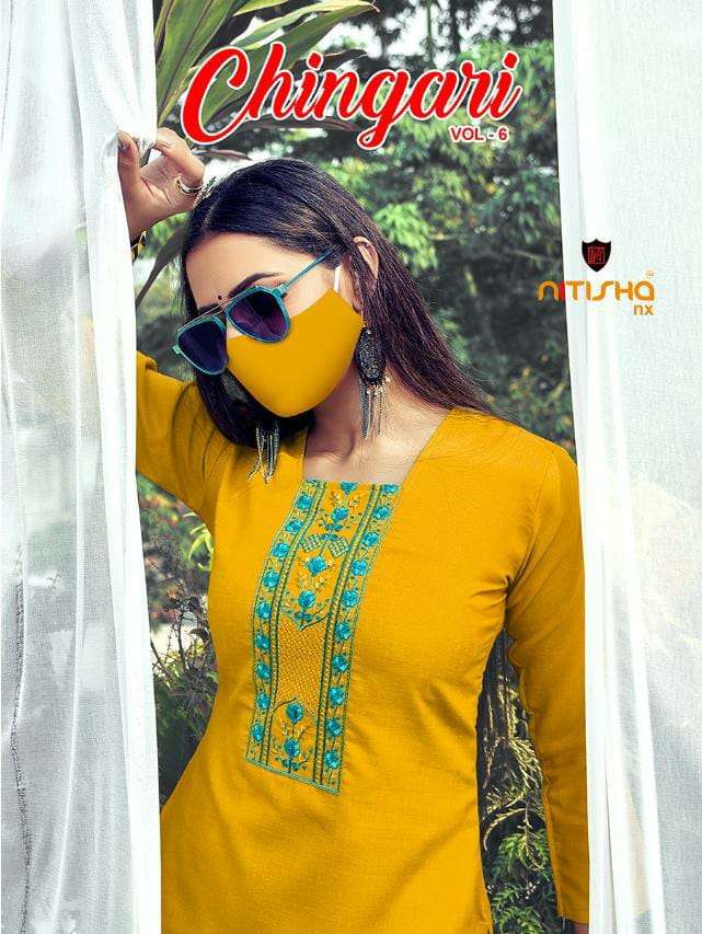 CHINGARI VOL-6 BY NITISHA NX 6001 TO 6008 SERIES BEAUTIFUL STYLISH FANCY COLORFUL CASUAL WEAR & ETHNIC WEAR & READY TO WEAR HEAVY SOFT COTTON SLUB EMBROIDERED KURTIS WITH MASK AT WHOLESALE PRICE