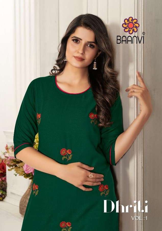 DHRITI BY BAANVI 101 TO 108 SERIES DESIGNER STYLISH FANCY COLORFUL BEAUTIFUL PARTY WEAR & ETHNIC WEAR COLLECTION RAYON SLUB EMBROIDERY KURTIS WITH BOTTOM AT WHOLESALE PRICE