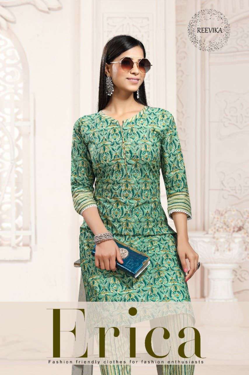 ERICA BY REEVIKA 1 TO 6 SERIES DESIGNER STYLISH FANCY COLORFUL BEAUTIFUL PARTY WEAR & ETHNIC WEAR COLLECTION COTTON PRINT KURTIS WITH BOTTOM AT WHOLESALE PRICE