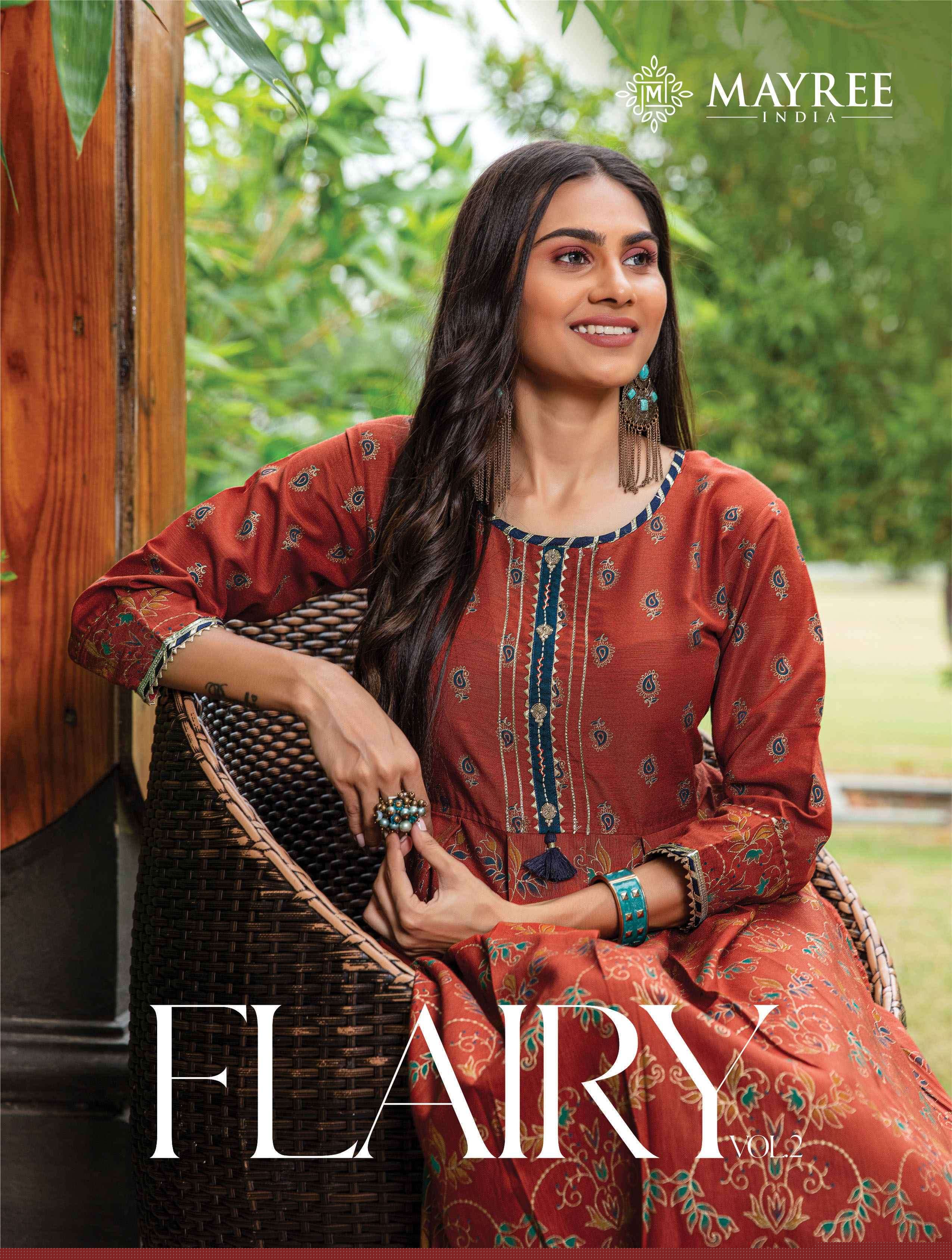 FLAIRY VOL-2 BY MAYREE 201 TO 206 SERIES BEAUTIFUL STYLISH FANCY COLORFUL CASUAL WEAR & ETHNIC WEAR HEAVY SILK PRINT GOWNS AT WHOLESALE PRICE