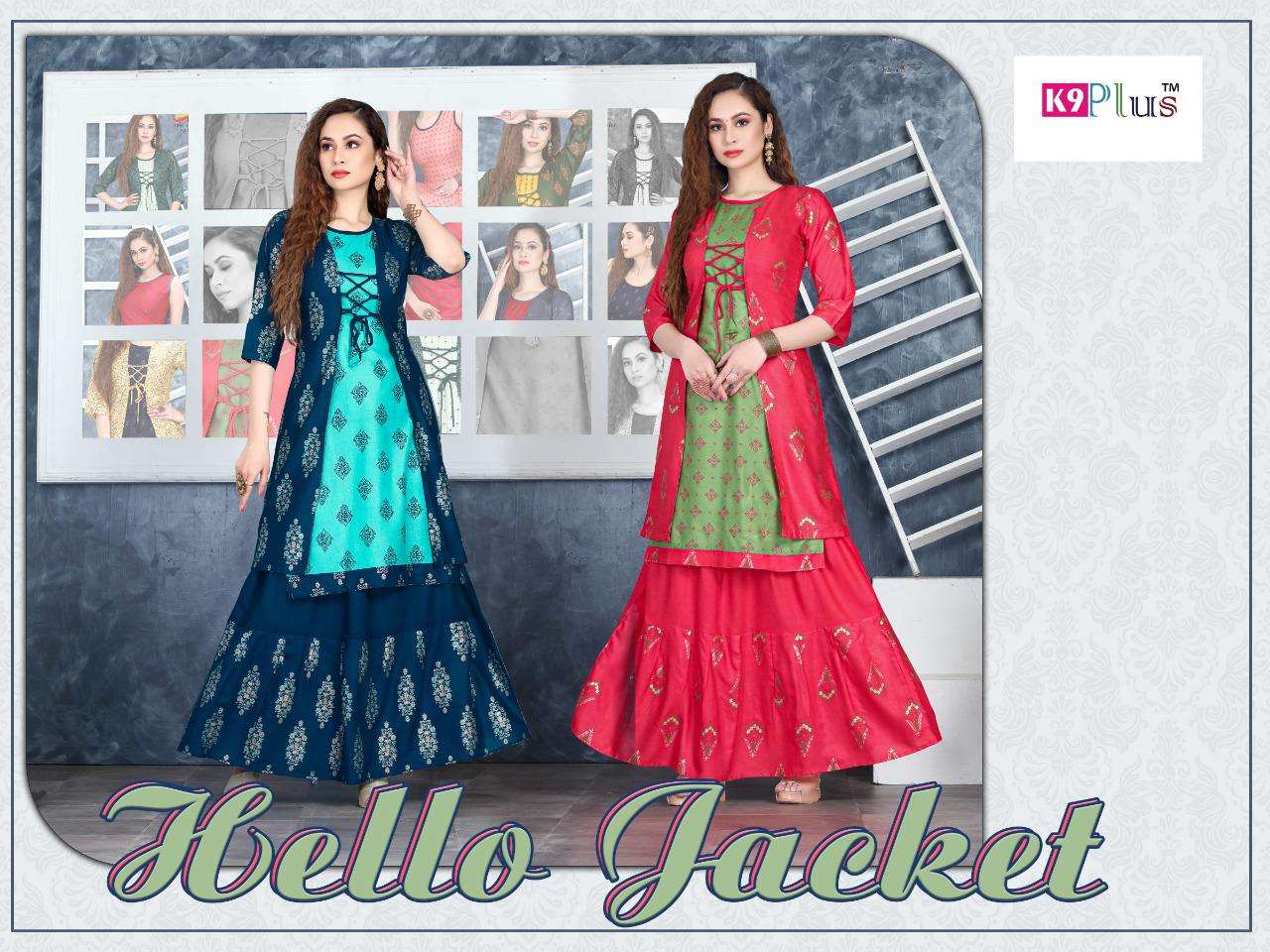HELLO JACKET BY K9 PLUS 201 TO 208 SERIES DESIGNER STYLISH FANCY COLORFUL BEAUTIFUL PARTY WEAR & ETHNIC WEAR COLLECTION HEAVY RAYON KURTIS WITH BOTTOM AT WHOLESALE PRICE