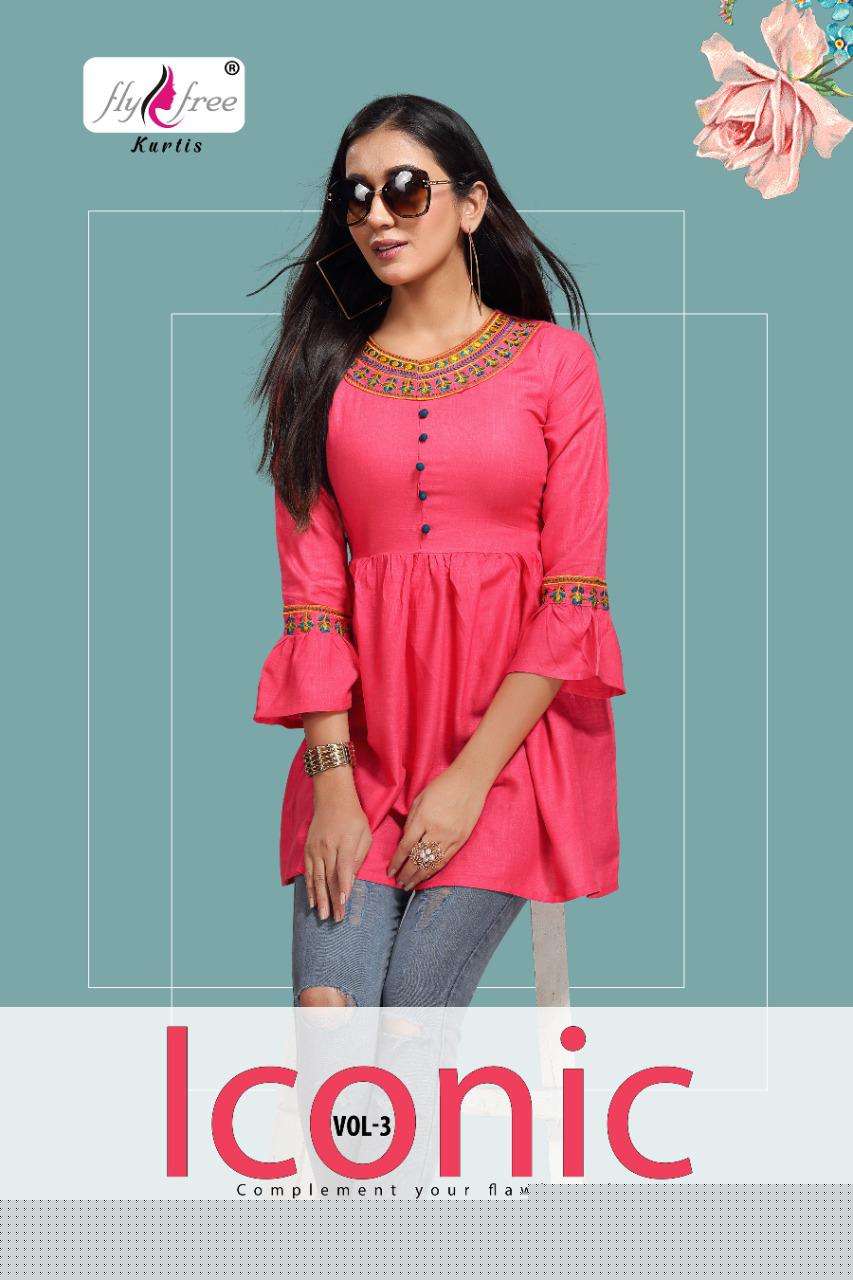 ICONIC VOL-3 BY FLY FREE 1001 TO 1008 SERIES DESIGNER STYLISH FANCY COLORFUL BEAUTIFUL PARTY WEAR & ETHNIC WEAR COLLECTION RAYON SLUB EMBROIDERY TOPS AT WHOLESALE PRICE