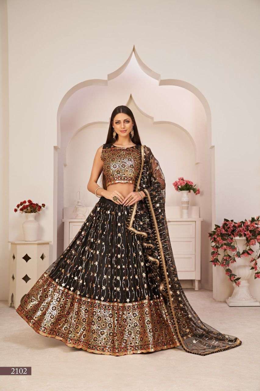 Kelaya Vol-1 By Narayani Fashion House 2101 To 2105 Series Indian Traditional Beautiful Stylish Designer Banarasi Silk Jacquard Embroidered Party Wear Mono Net Lehengas At Wholesale Price
