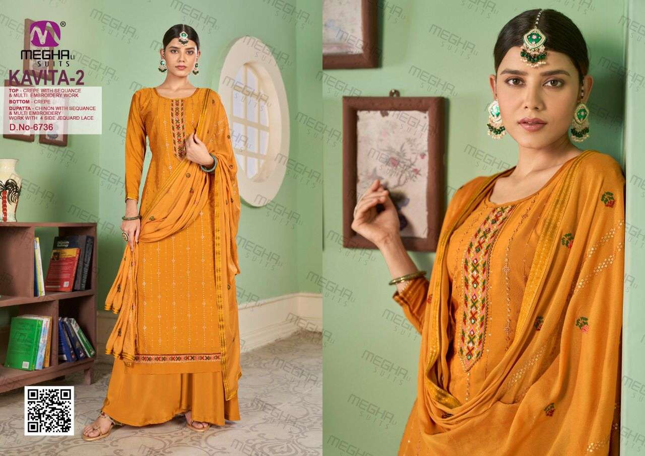 KAVITA VOL-2 BY MEGHALI SUITS 6735 TO 6740 SERIES BEAUTIFUL SHARARA SUITS COLORFUL STYLISH FANCY CASUAL WEAR & ETHNIC WEAR CREPE EMBROIDERED DRESSES AT WHOLESALE PRICE