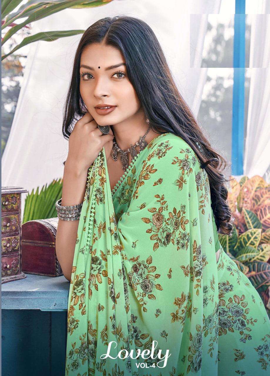 LOVELY VOL-4 BY SHREE MATARAM 12001 TO 12006 SERIES INDIAN TRADITIONAL WEAR COLLECTION BEAUTIFUL STYLISH FANCY COLORFUL PARTY WEAR & OCCASIONAL WEAR GEORGETTE PRINT SAREES AT WHOLESALE PRICE