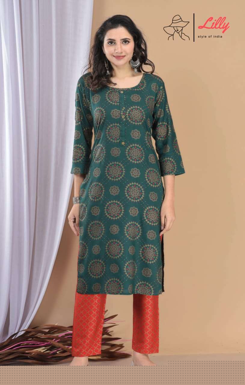 MEENA VOL-3 BY LILLY DESIGNER STYLISH FANCY COLORFUL BEAUTIFUL PARTY WEAR & ETHNIC WEAR COLLECTION RAYON PRINT KURTIS WITH BOTTOM AT WHOLESALE PRICE