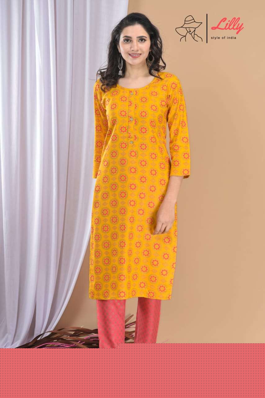 MEENA VOL-5 BY LILLY DESIGNER STYLISH FANCY COLORFUL BEAUTIFUL PARTY WEAR & ETHNIC WEAR COLLECTION RAYON PRINT KURTIS WITH BOTTOM AT WHOLESALE PRICE