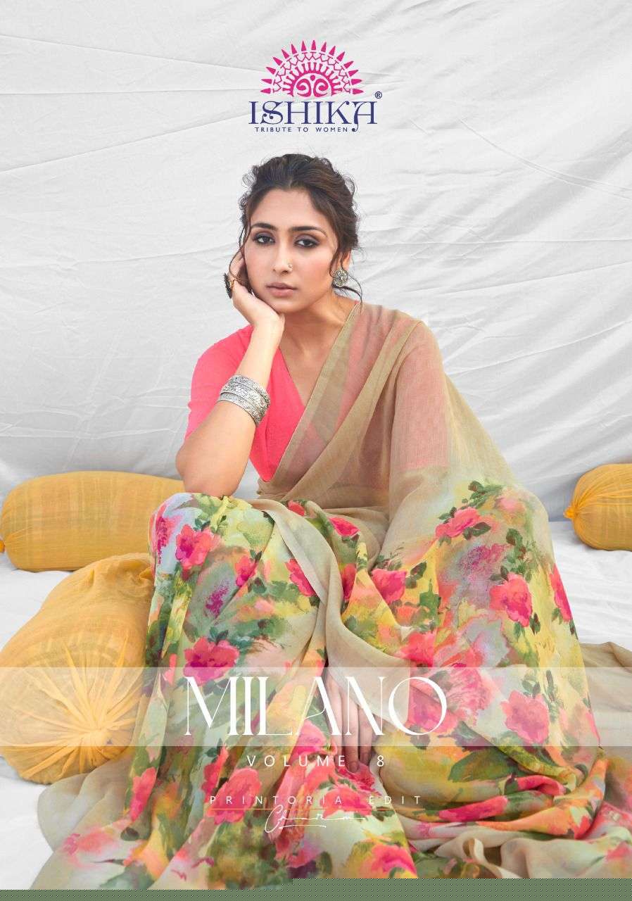 MILANO VOL-8 BY ISHIKA FASHION 8201 TO 8214 SERIES INDIAN TRADITIONAL WEAR COLLECTION BEAUTIFUL STYLISH FANCY COLORFUL PARTY WEAR & OCCASIONAL WEAR GEORGETTE PRINT SAREES AT WHOLESALE PRICE