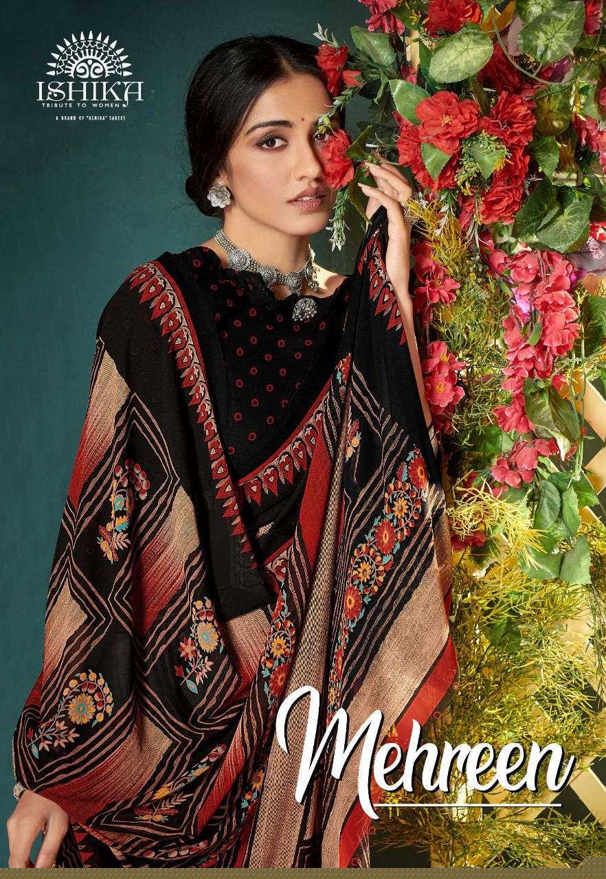 MEHREEN BY ISHIKA FASHION 8191 TO 8198 SERIES INDIAN TRADITIONAL WEAR COLLECTION BEAUTIFUL STYLISH FANCY COLORFUL PARTY WEAR & OCCASIONAL WEAR FAUX GEORGETTE SAREES AT WHOLESALE PRICE