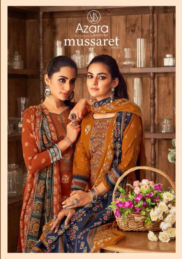 MUSSARET VOL-16 BY AZARA 11001 TO 11008 SERIES BEAUTIFUL COLORFUL STYLISH PRETTY PARTY WEAR CASUAL WEAR OCCASIONAL WEAR PURE CAMBRIC COTTON PRINT WITH EMBROIDERED DRESSES AT WHOLESALE PRICE