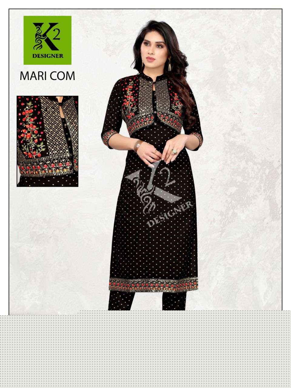 MARI COM BY K2 DESIGNER DESIGNER STYLISH FANCY COLORFUL BEAUTIFUL PARTY WEAR & ETHNIC WEAR COLLECTION RAYON EMBROIDERED KURTIS WITH BOTTOM AT WHOLESALE PRICE