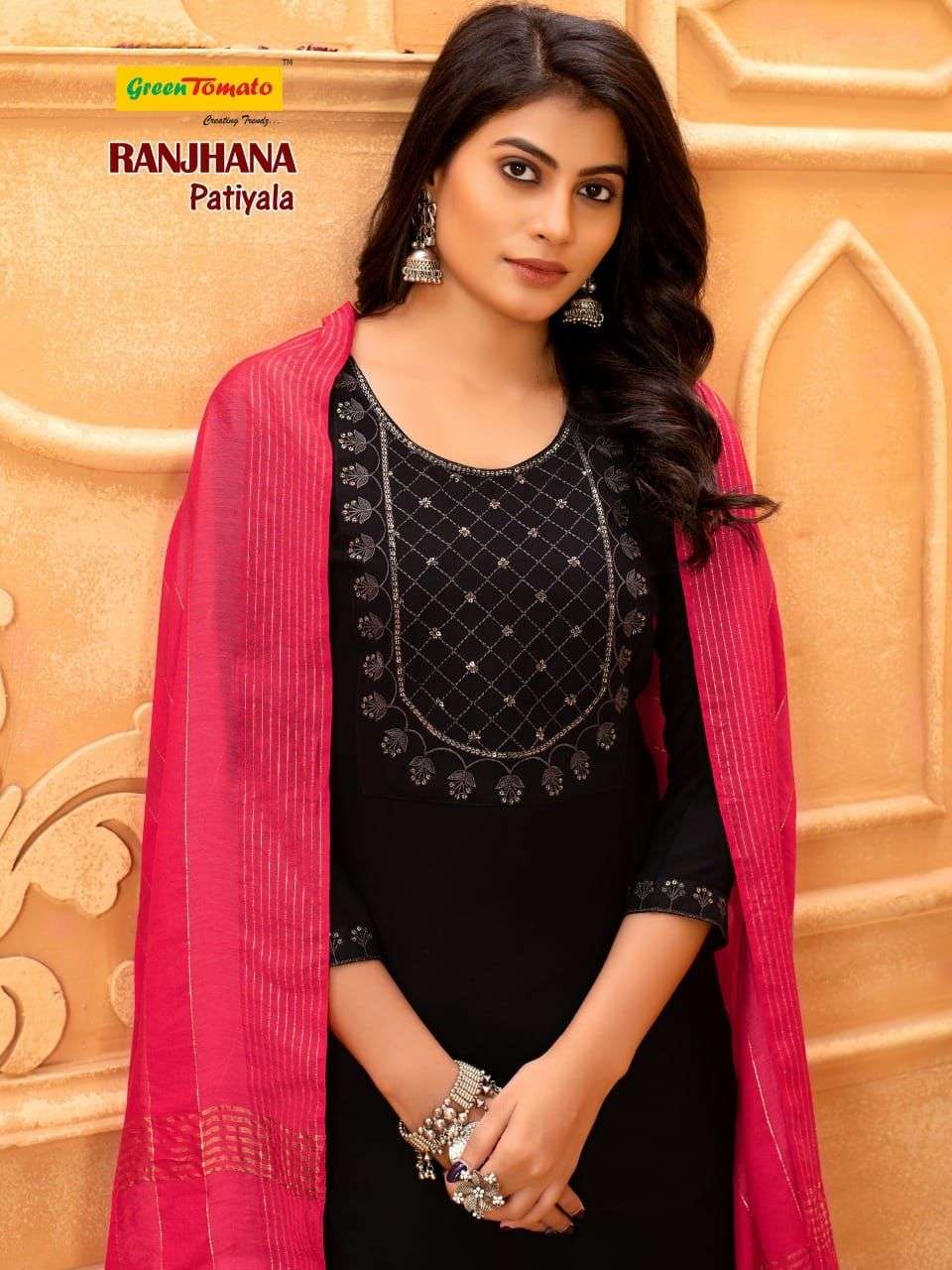 RANJHANA PATIYALA BY GREEN TOMATO 001 TO 008 SERIES BEAUTIFUL PATIYALA SUITS COLORFUL STYLISH FANCY CASUAL WEAR & ETHNIC WEAR HEAVY RAYON DRESSES AT WHOLESALE PRICE