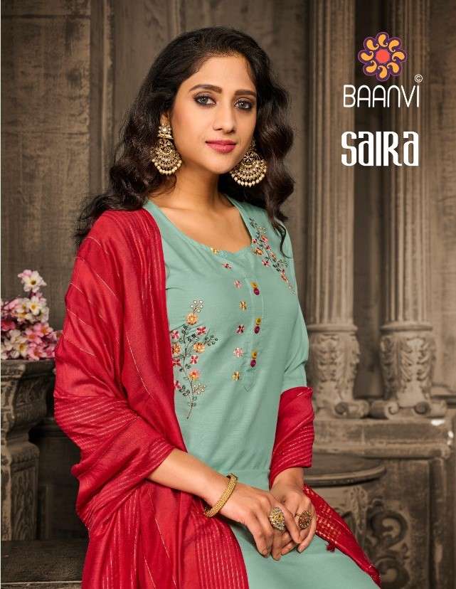 SAIRA BY BAANVI 101 TO 104 SERIES BEAUTIFUL SUITS COLORFUL STYLISH FANCY CASUAL WEAR & ETHNIC WEAR FANCY DRESSES AT WHOLESALE PRICE