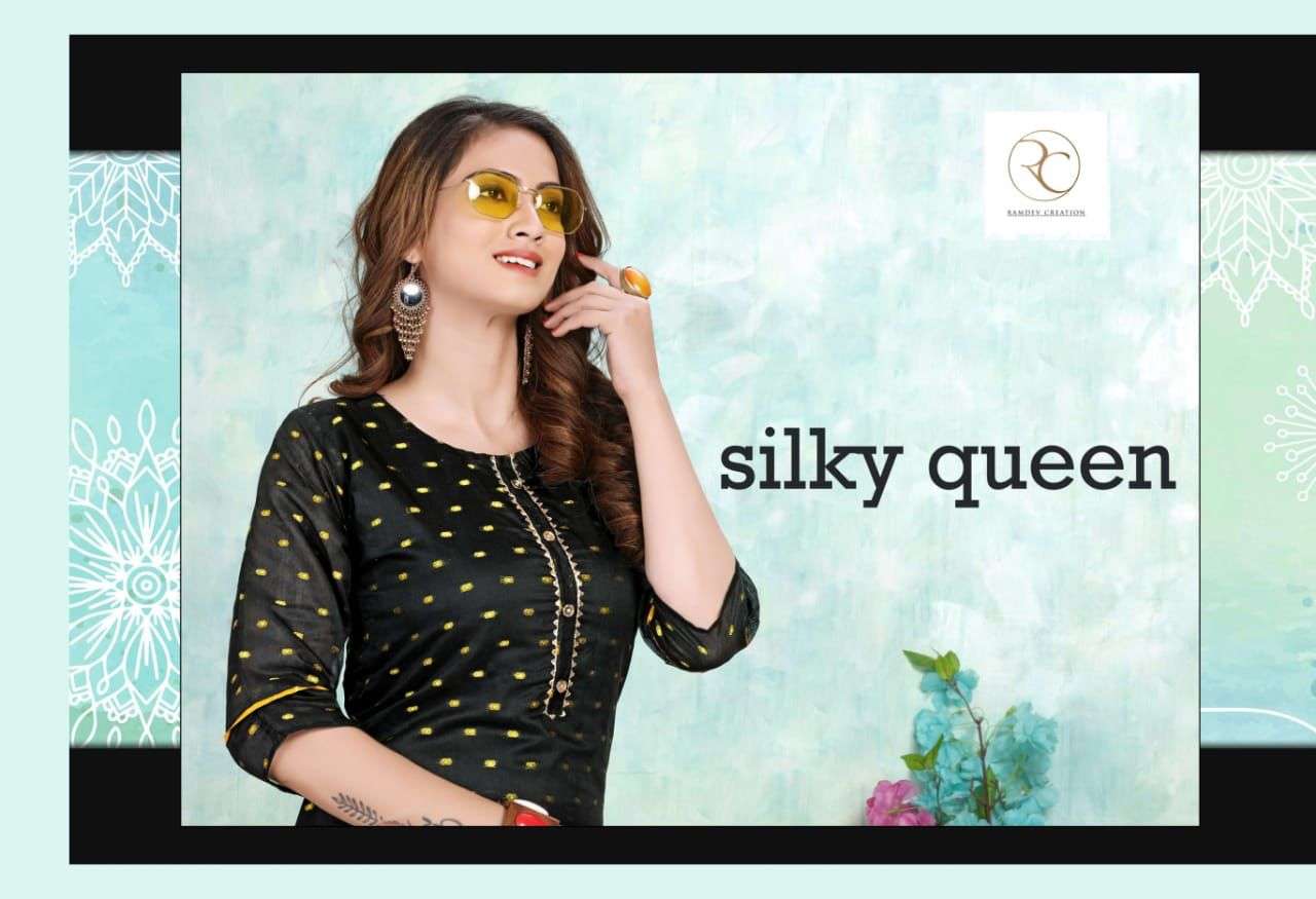 SILKY QUEEN BY RC 401 TO 408 SERIES DESIGNER STYLISH FANCY COLORFUL BEAUTIFUL PARTY WEAR & ETHNIC WEAR COLLECTION CHANDERI SILK KURTIS WITH BOTTOM AT WHOLESALE PRICE