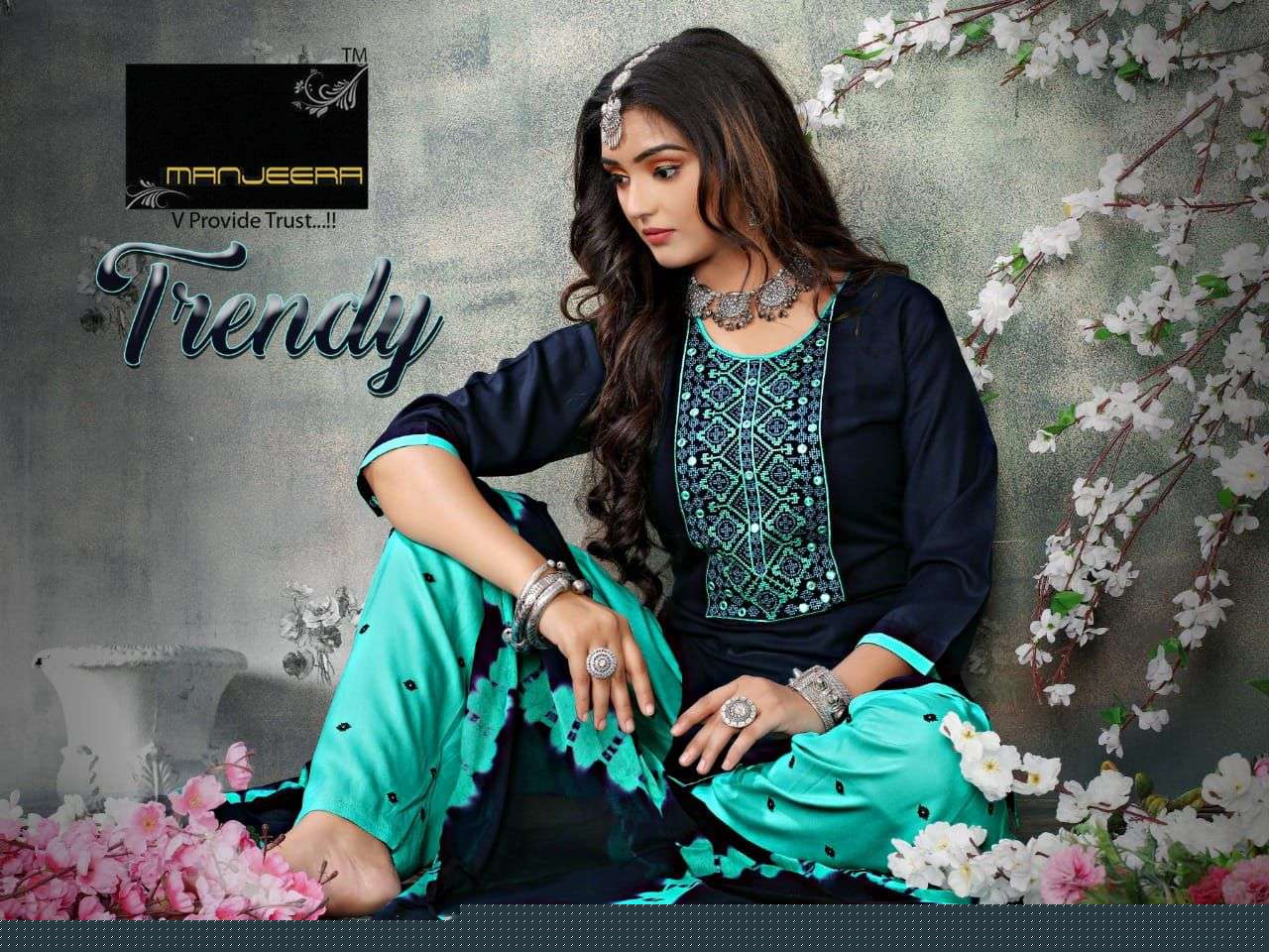 TRENDY BY MANJEERA 001 TO 008 SERIES BEAUTIFUL PATIYALA SUITS COLORFUL STYLISH FANCY CASUAL WEAR & ETHNIC WEAR RAYON WITH WORK DRESSES AT WHOLESALE PRICE