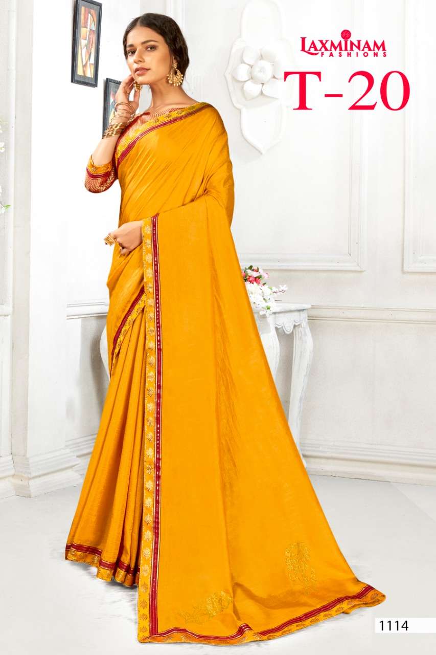 T-20 BY LAXINAM 1113 TO 1120 SERIES INDIAN TRADITIONAL WEAR COLLECTION BEAUTIFUL STYLISH FANCY COLORFUL PARTY WEAR & OCCASIONAL WEAR CHINNON GEORGETTE SAREES AT WHOLESALE PRICE