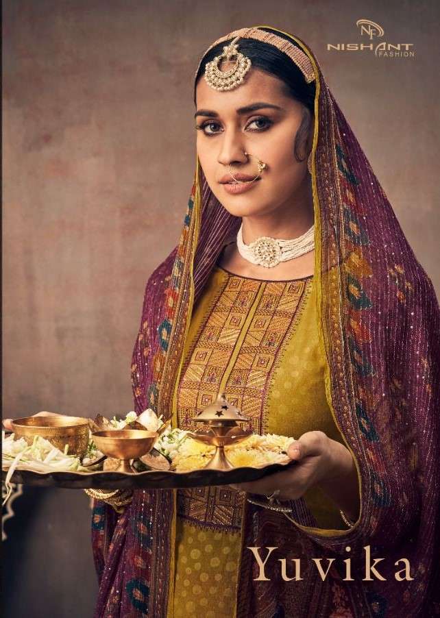 YUVIKA BY NISHANT FASHION 15001 TO 15006 SERIES BEAUTIFUL STYLISH SHARARA SUITS FANCY COLORFUL CASUAL WEAR & ETHNIC WEAR & READY TO WEAR HEAVY CHINNON SILK EMBROIDERED DRESSES AT WHOLESALE PRICE