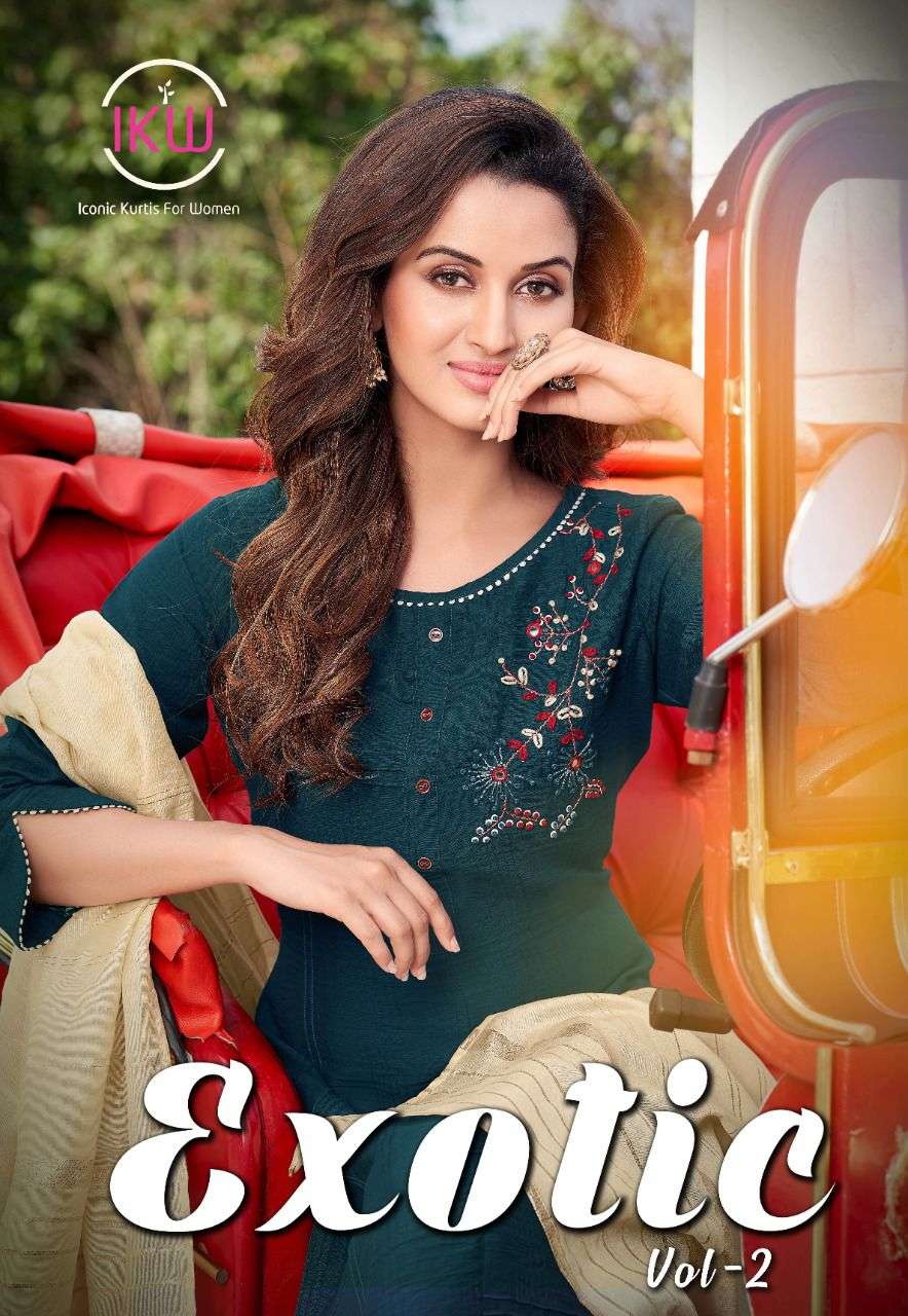 EXOTIC VOL-2 BY IKW 001 TO 006 SERIES DESIGNER STYLISH FANCY COLORFUL BEAUTIFUL PARTY WEAR & ETHNIC WEAR COLLECTION NYLON VISCOSE KURTIS WITH DUPATTA AT WHOLESALE PRICE