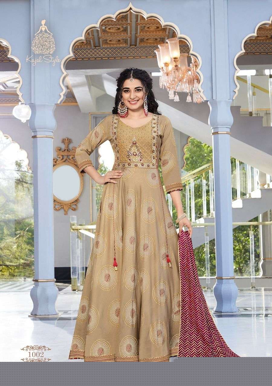 FASHION HIRVA BY KAJAL STYLE 1001 TO 1008 SERIES BEAUTIFUL STYLISH FANCY COLORFUL CASUAL WEAR & ETHNIC WEAR RAYON EMBROIDERED GOWNS WITH DUPATTA AT WHOLESALE PRICE