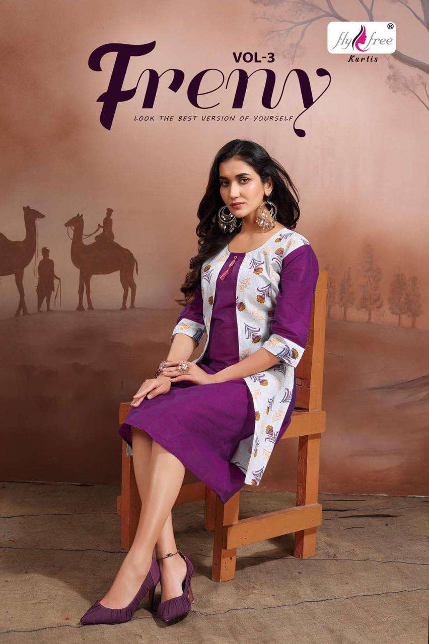 FRENY VOL-3 BY FLY FREE 1001 TO 1008 SERIES DESIGNER STYLISH FANCY COLORFUL BEAUTIFUL PARTY WEAR & ETHNIC WEAR COLLECTION HANDLOOM COTTON KURTIS WITH JACKET AT WHOLESALE PRICE