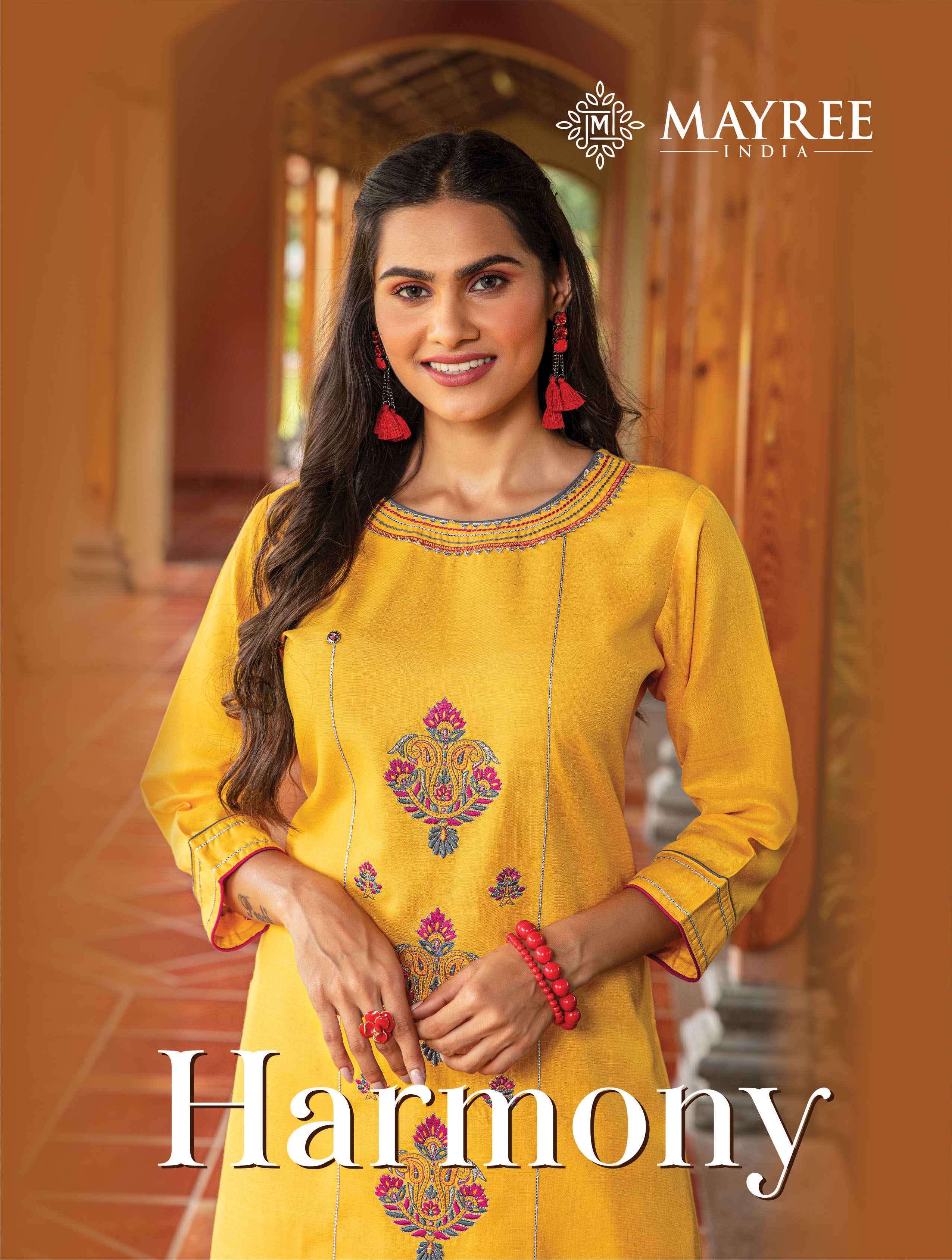 HARMONY BY MAYREE 101 TO 106 SERIES DESIGNER STYLISH FANCY COLORFUL BEAUTIFUL PARTY WEAR & ETHNIC WEAR COLLECTION MUSLIN PRINT KURTIS WITH BOTTOM AT WHOLESALE PRICE
