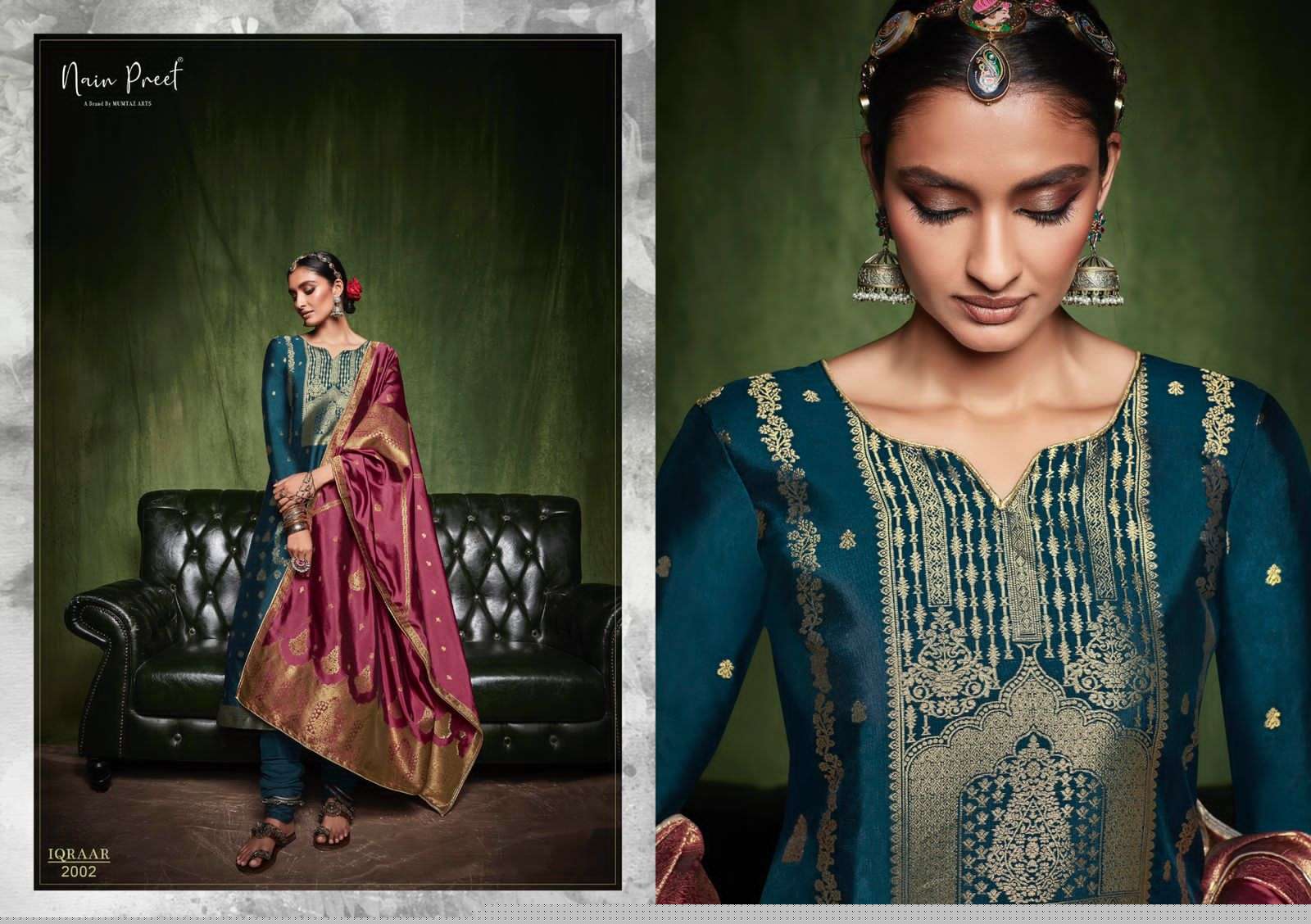 IQRAAR BY NAIN PREET 2001 TO 2006 SERIES BEAUTIFUL SUITS COLORFUL STYLISH FANCY CASUAL WEAR & ETHNIC WEAR SILK JACQUARD DRESSES AT WHOLESALE PRICE