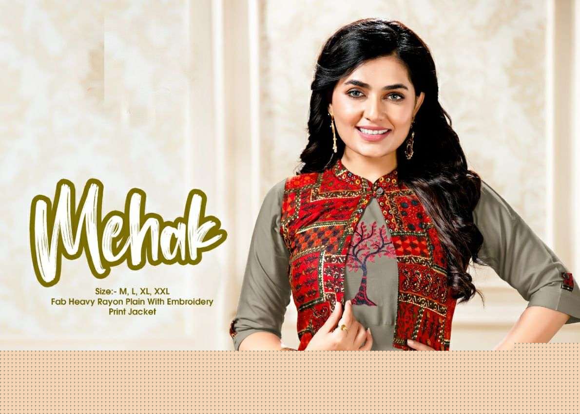 MEHAK BY LIVA 101 TO 108 SERIES DESIGNER STYLISH FANCY COLORFUL BEAUTIFUL PARTY WEAR & ETHNIC WEAR COLLECTION RAYON PRINT KURTIS WITH JACKET AT WHOLESALE PRICE