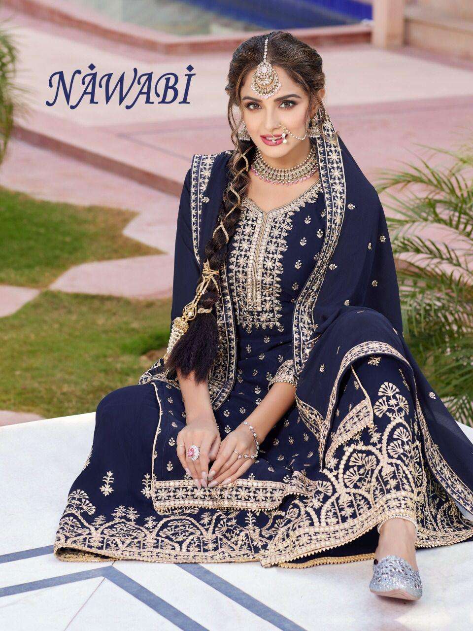 NAWABI BY A M CREATION 4031 TO 4034 SERIES BEAUTIFUL STYLISH SHARARA SUITS FANCY COLORFUL CASUAL WEAR & ETHNIC WEAR & READY TO WEAR BLOOMING GEORETTE DRESSES AT WHOLESALE PRICE