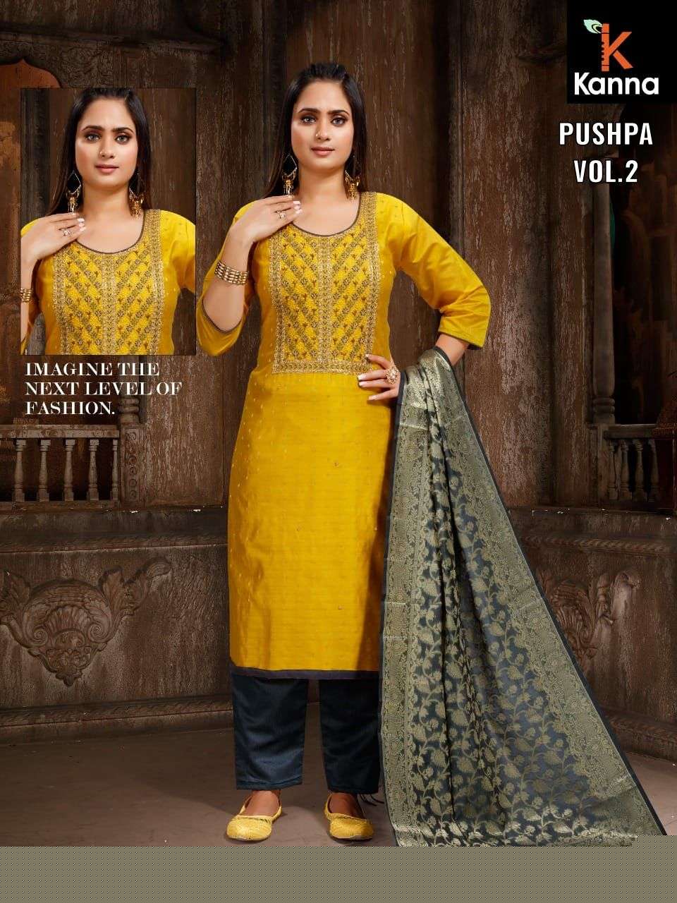 PUSHPA VOL-2 BY KANNA 201 TO 208 SERIES BEAUTIFUL SUITS COLORFUL STYLISH FANCY CASUAL WEAR & ETHNIC WEAR HEAVY MODAL SILK DRESSES AT WHOLESALE PRICE